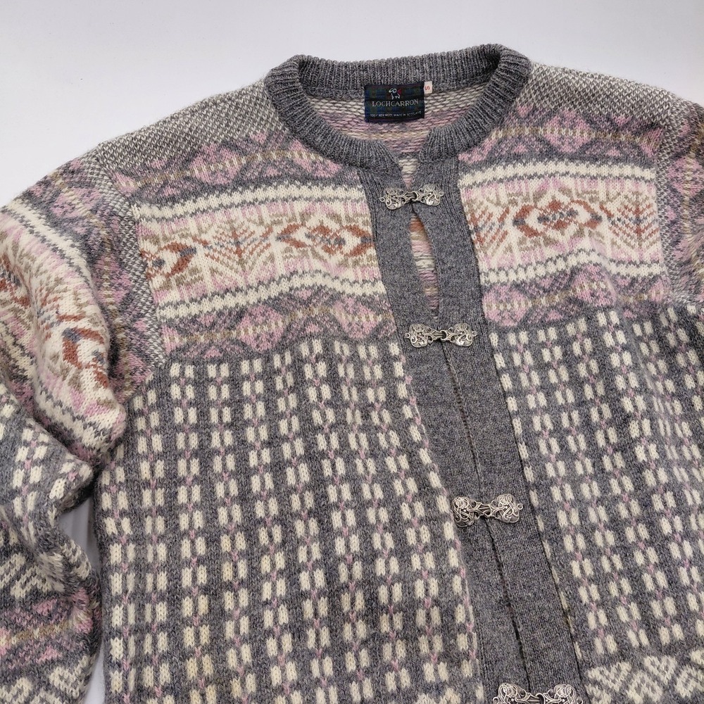 VTG Lochcarron‎ S 100% Wool Cardigan Sweater Pink Fair Isle Hand Knit Scottland